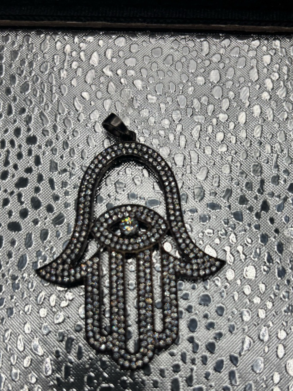 Pave Hamsa Hand Pendant in Black and Silver Tone